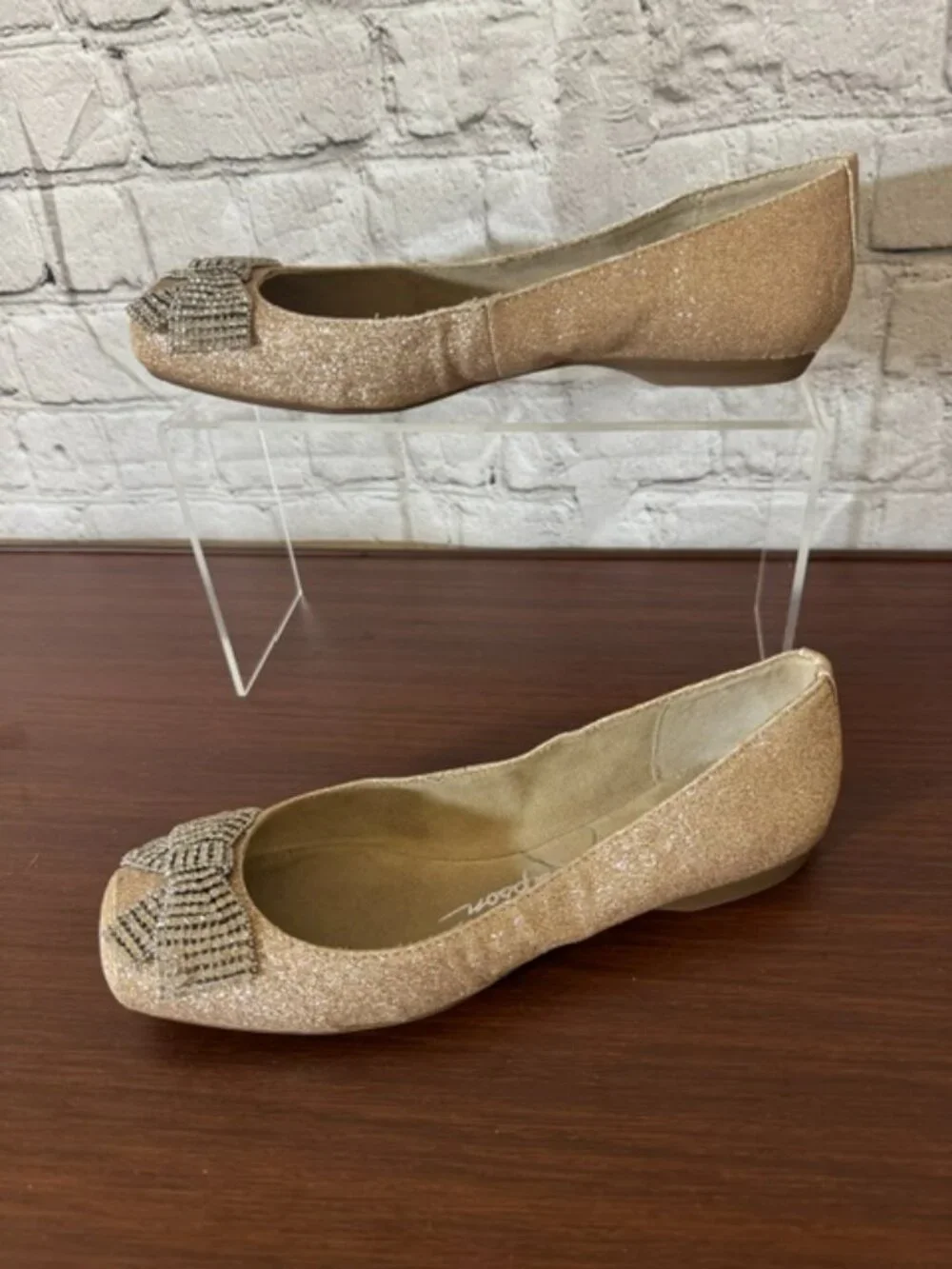 Jessica Simpson Gold Glitter Rhinestone Bow Flats Square Toe Size 6M
